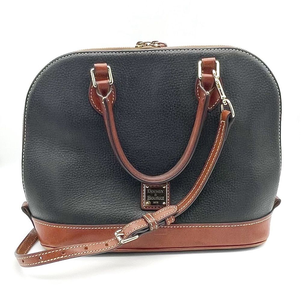 Dooney & Bourke Pebble Grain Zip Around Satchel Black & Cognac Brown Leather Bag